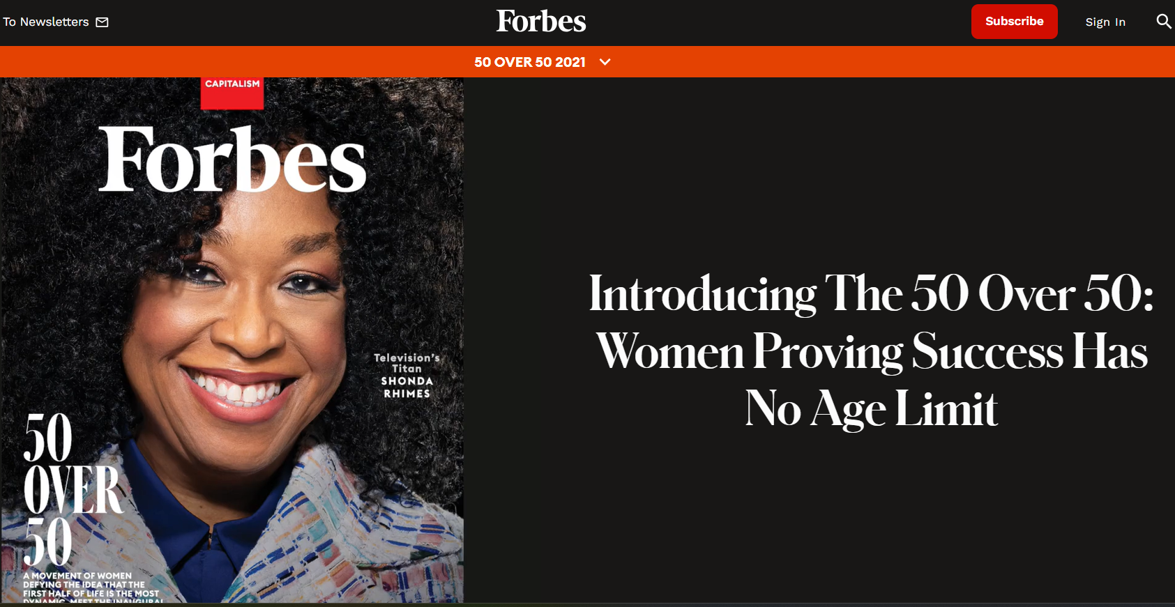 Página web de la revista Forbes, con retratos de mujeres de más de 50 años que son empresarias, creadoras...